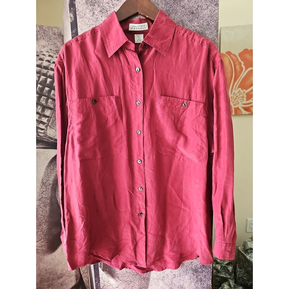 Vintage Express Compagnie Internationale Blouse Women M Red Silk Button Up Top